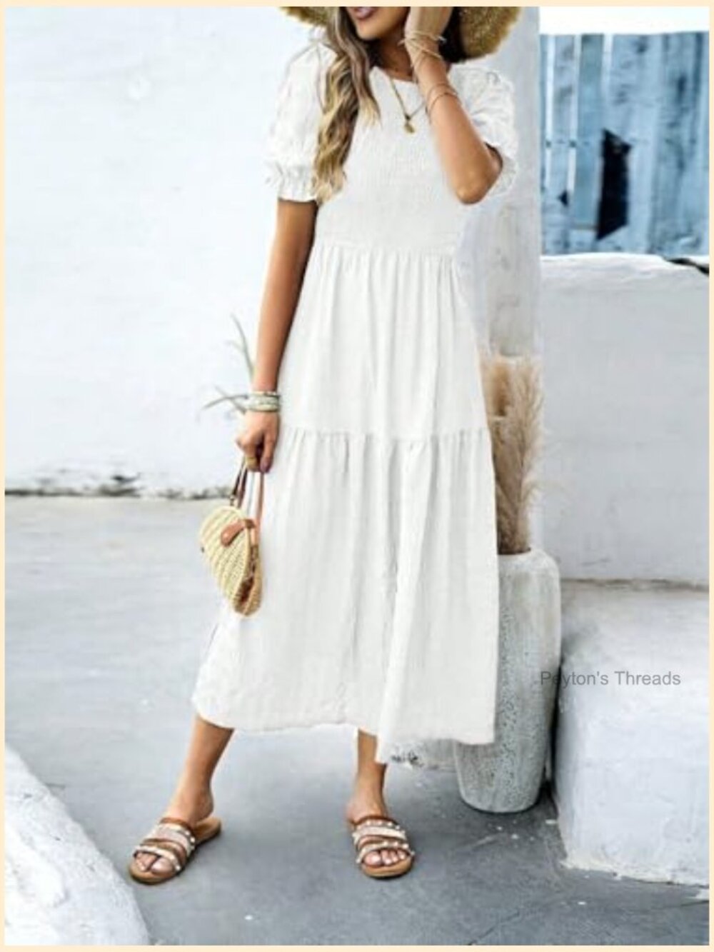 Short Sleeve Maxi Dress Modest Casual A-Line Tiered Flowy Smocked - Picture 3 of 6